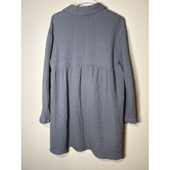 ZARA Crinkle Cotton Beach A-Line Button Down Tunic Shirt Dress Grey/Blue Medium - Picture 4 of 7